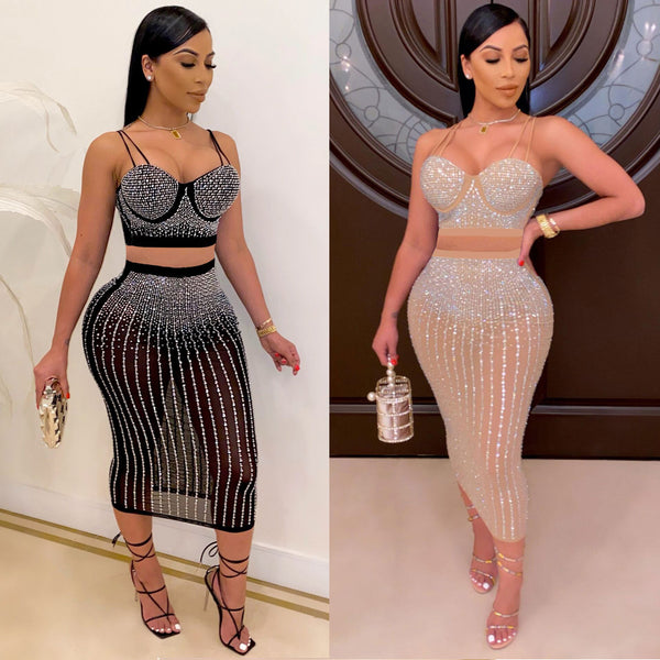 VK2383 diamond-set, chest wrap, sling, hot diamond, two-piece set and two colors, nightclub clothes.