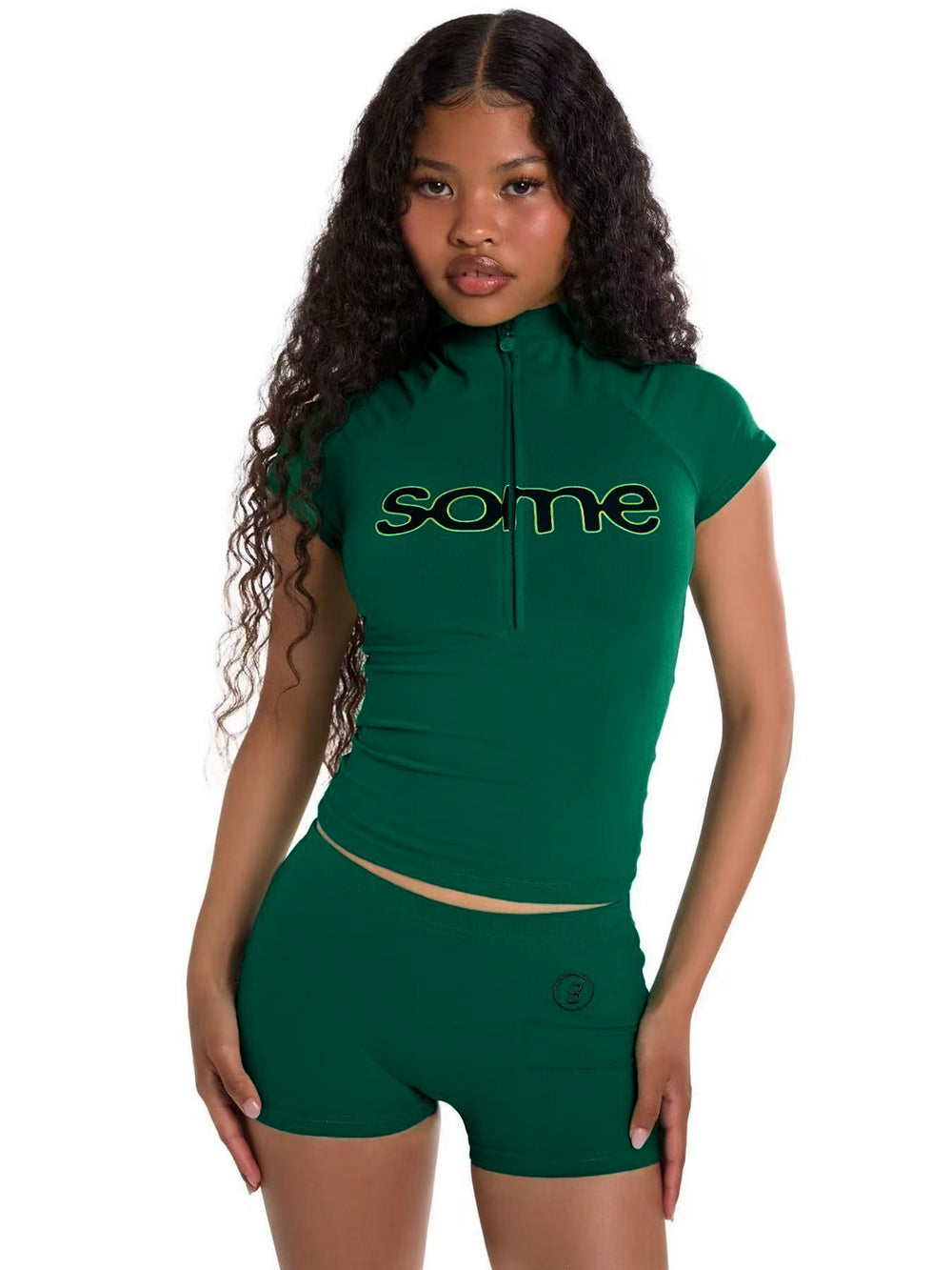 hot-selling european and american fashion women's letter-printed half-zip short-sleeve top and tight shorts two-piece set