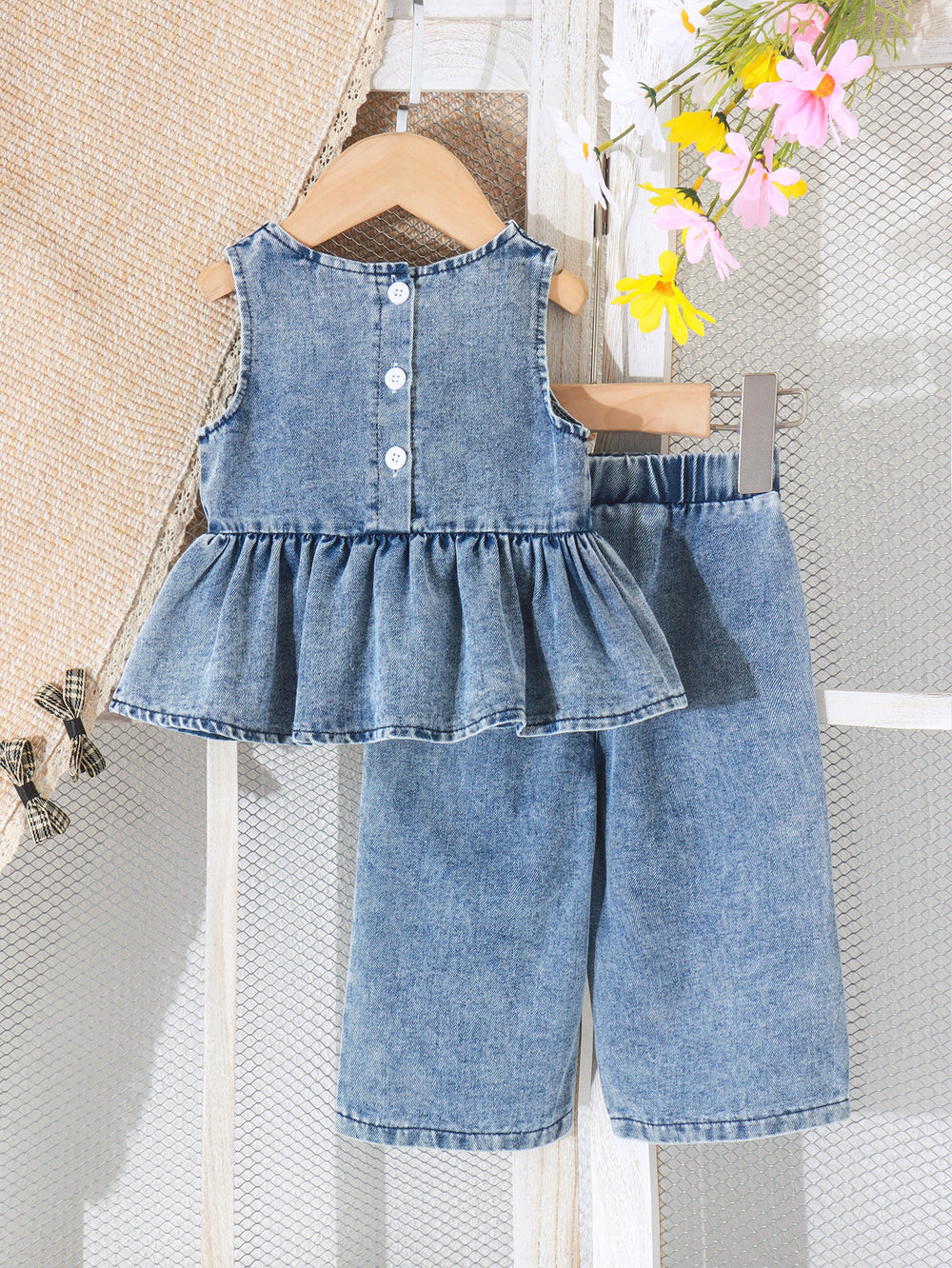 Children's clothing cross-border european and american girls blue sleeveless tops + pants two-piece set children's clothing