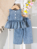 Children's clothing cross-border european and american girls blue sleeveless tops + pants two-piece set children's clothing