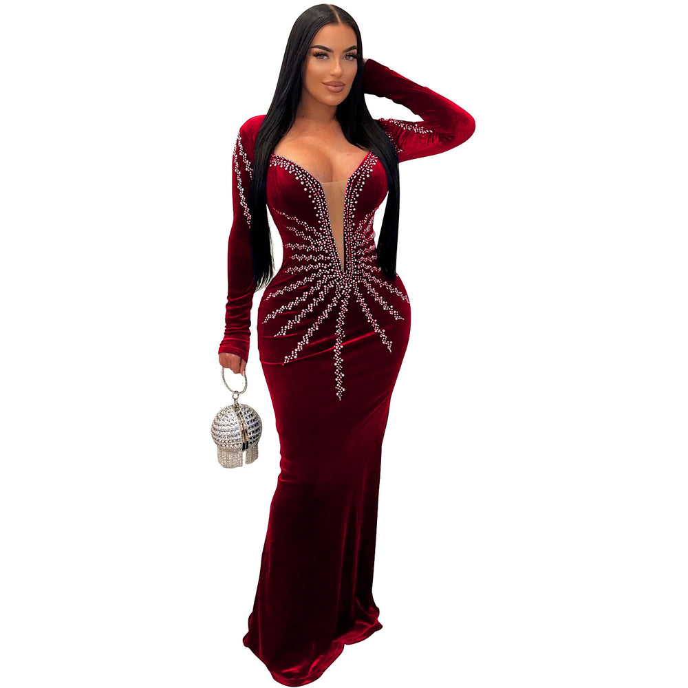 C6827 cross-border   fashion women's solid color sexy rhinestone long sleeve maxi dress
