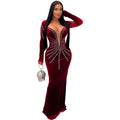 C6827 cross-border   fashion women's solid color sexy rhinestone long sleeve maxi dress