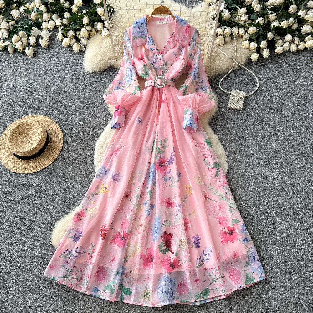 French holiday style printingsilm dress for women spring & fallv neck lantern sleeves waist strap a-line work clothing long skirt