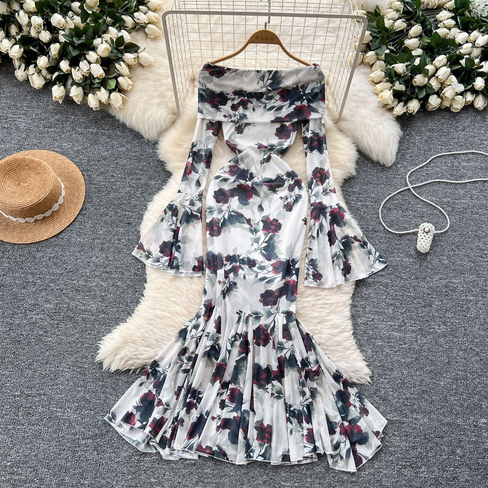 Goddess-style niche styleclassy one-shoulder lapel bell sleeves waist slimming lookelegantprintingrufflesdress