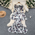 Goddess-style niche styleclassy one-shoulder lapel bell sleeves waist slimming lookelegantprintingrufflesdress