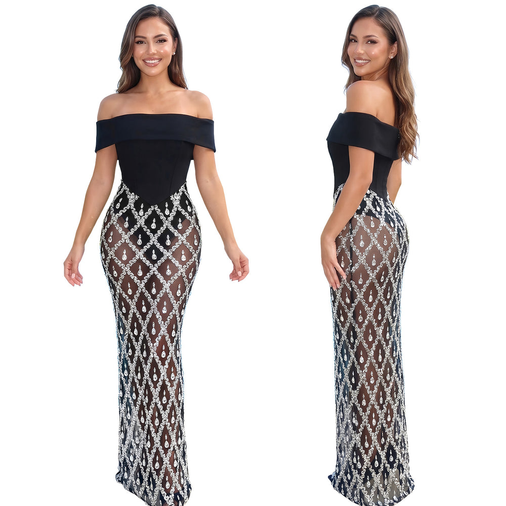 C7782 cross-border  new women's sexy off-the-shoulder bandeau mermaid prom dress rhinestone party dress