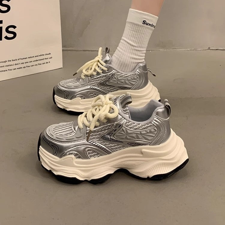 Best selling thick sole dad shoes women's height increasing easiest for match casual shoes 2025new arrivalspring & fall breathable silver sports shoes