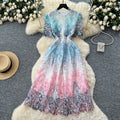 French retro chic crochet lace bubble sleeve dress - women's slimming, figure-flattering, elegant maxi dress