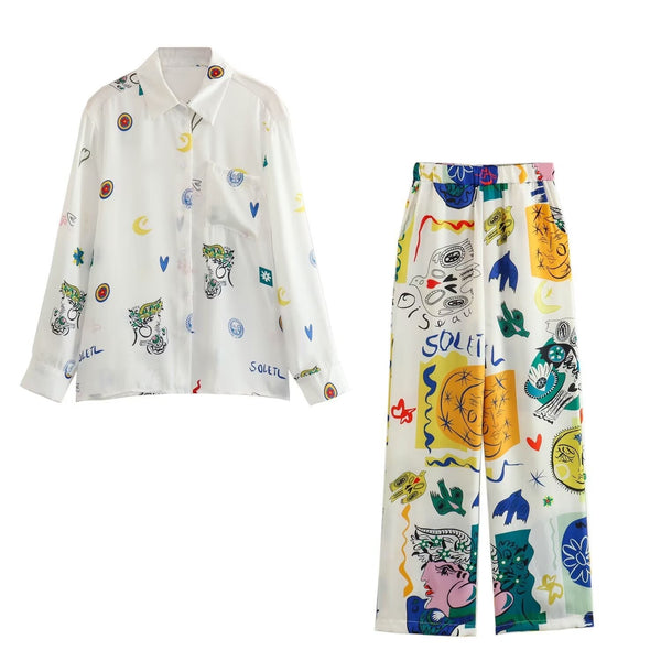 women's clothing summer new long-sleeved lapel print shirt waist straight casual pants set
