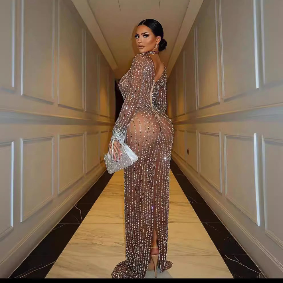 supply custom high-end rhinestone mesh elastic european and american african sexy slim dress in stock