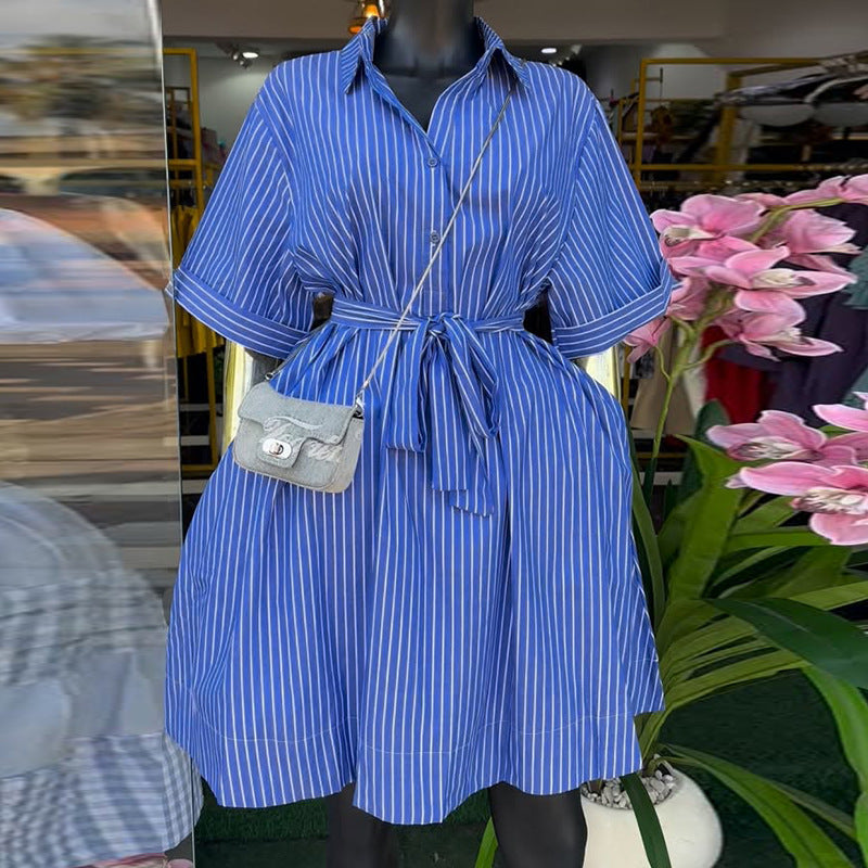 European and american cross-border women's fashion:  spring new arrival - stylish lapel, single-breasted, tie-waist blue shirt dress