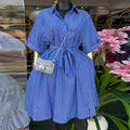 European and american cross-border women's fashion:  spring new arrival - stylish lapel, single-breasted, tie-waist blue shirt dress