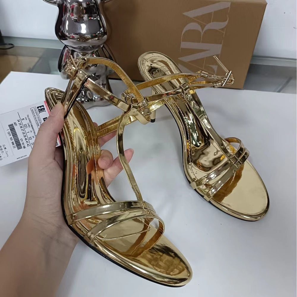 Za2024summer new elegant gold fashion women's high heels women's stiletto open toe casual sandals women