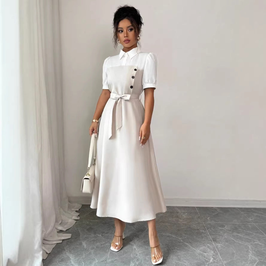 new european and american cross-border fashion: french chic white fitted waist dress