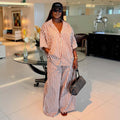 african women's clothing  summer new fashion loose striped short-sleeve shirt wide-leg pants casual set