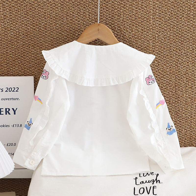 Baby girl autumn outfit doll collar shirt  new infant cartoon embroidery children's long sleeve doll collar top