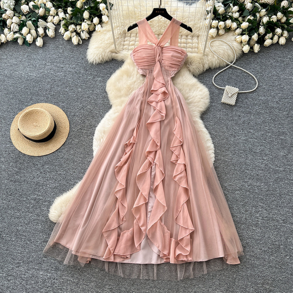 French riviera style halter mesh dress - women's summer romantic sleeveless ruffle trim slimming elegant maxi dress