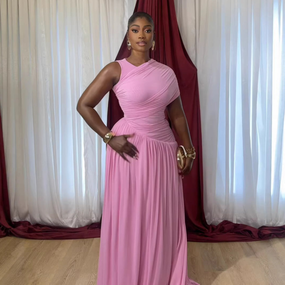 European and american cross-border women's clothing:  summer new arrival - elegant, slim-fitting, and figure-flattering pleated long evening gown dress