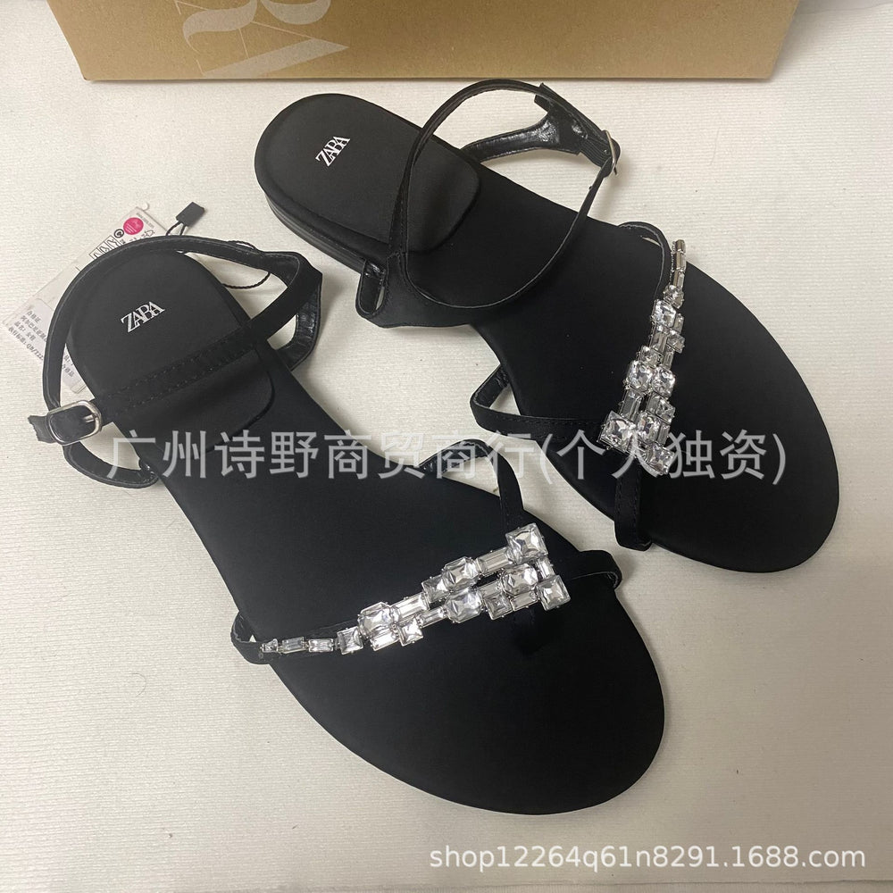 Za2024new arrival rhinestone flip-flop sandals women's summer one-word buckle strap fashioneasiest for matchflats fairy flip-flop slippers