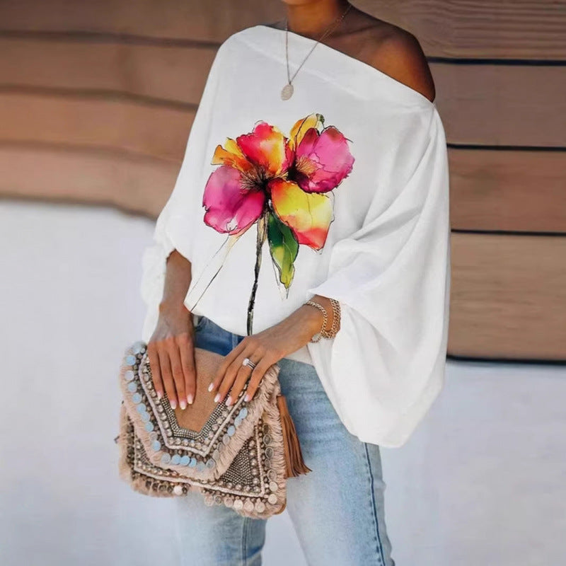 Amazon watercolor floral placement print asymmetrical neck lantern sleeve blouse - casual, loose fit, slimming top for women
