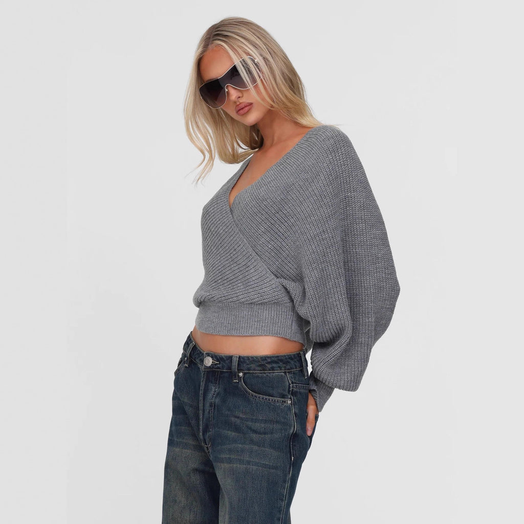 Cross-border Europe, America 2025 autumn and winter fashion casual women's clothing waist V-neck long-sleeved pullover inside and outside knitted sweater