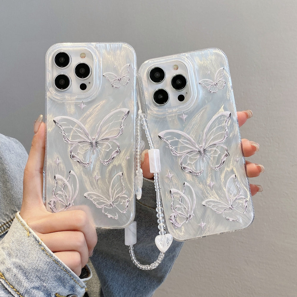 Premium feather yarn iphone 16 pro silver butterfly phone case, apple 12 hard case, 14 chain protective cover