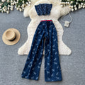 American retro slim-fit denim set: women's bandeau top & high-waisted flare jeans two-piece - summer slimming look