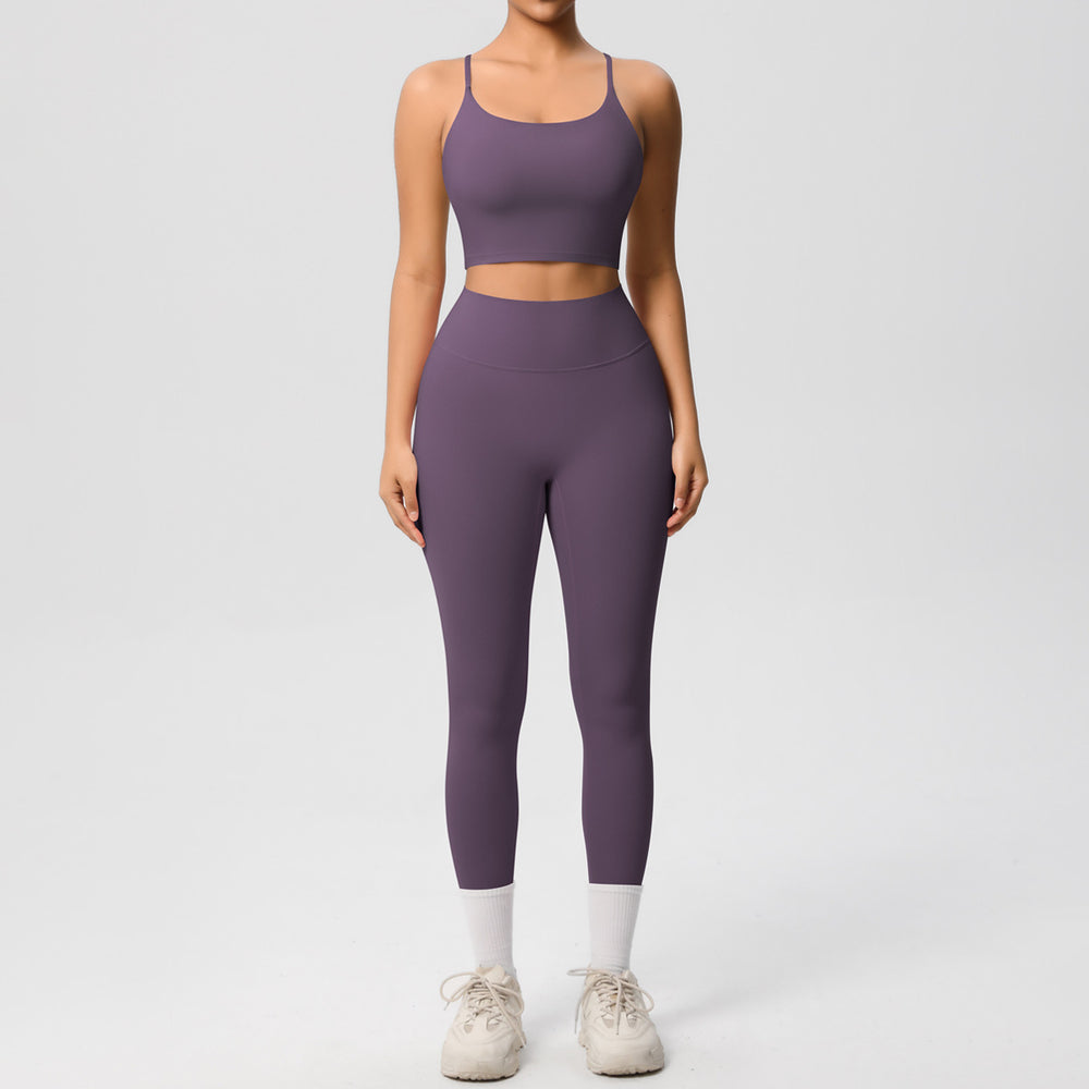 New arrival: double-sided brushed solid color seamless back compression yoga set - breathable workout outfit for running and fitness (two-piece)