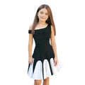 Girls' summer fashion sweet & chic black & white color block asymmetrical one-shoulder ruched waist wave dress