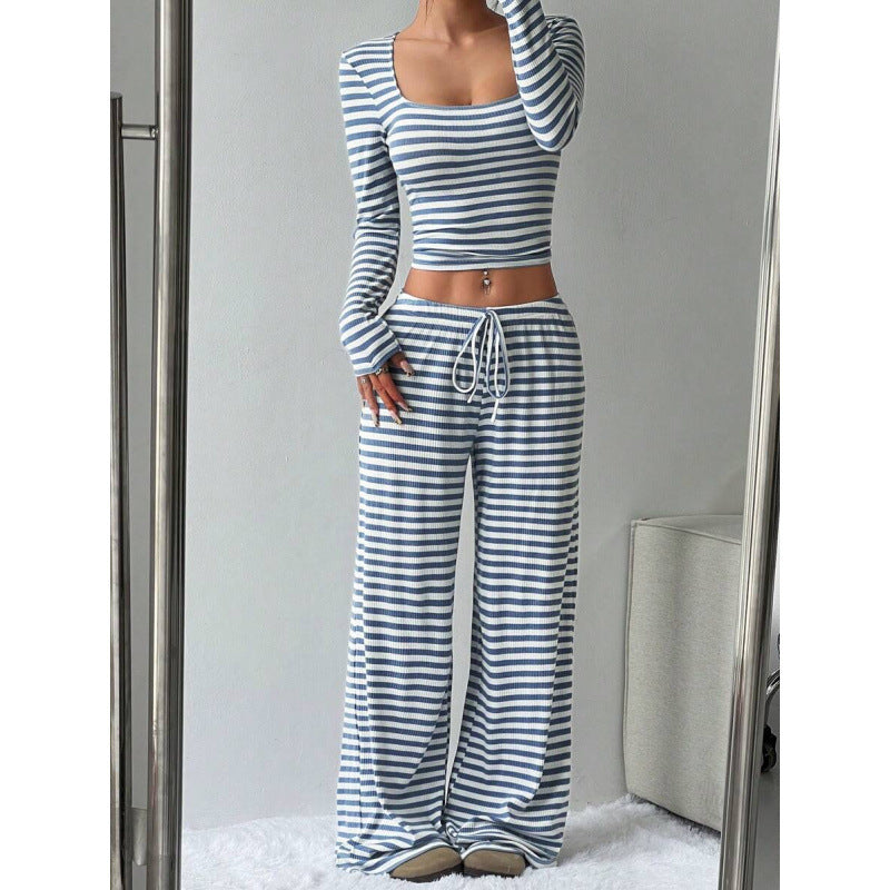 2025 european and american cross-border amazon aliexpress autumn/winter new striped high-waisted slimming wide-leg pants set for women