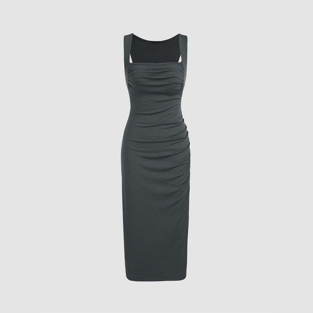 new european and american cross-border sexy knitted ribbed pleated bodycon maxi dress - vacation style