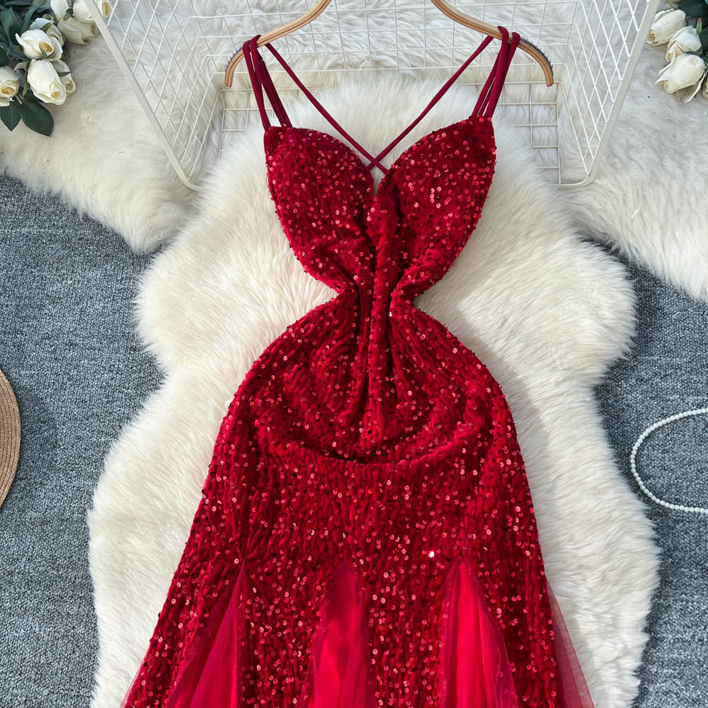 High-end women's dress: luxurious, slim-fit, elegant, mesh & sequin velvet splice cami dress - trendy & chic