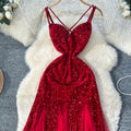 High-end women's dress: luxurious, slim-fit, elegant, mesh & sequin velvet splice cami dress - trendy & chic