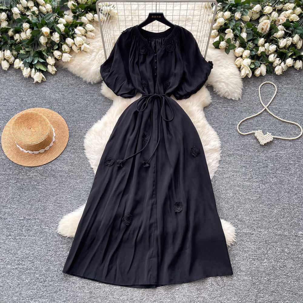 K-style small flying sleeves a-line short-sleeved dress women's  summer waist tie back long skirt niche stylesense of designwork clothing