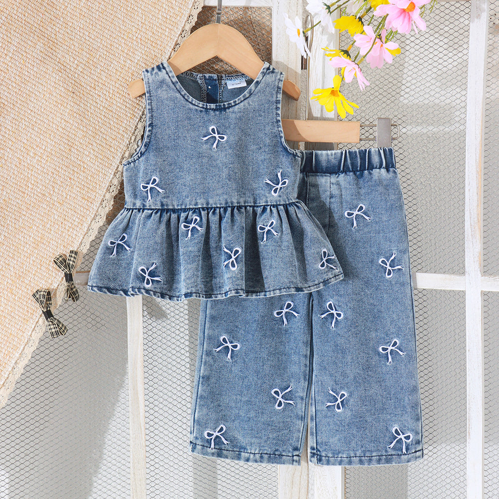 Children's clothing cross-border european and american girls blue sleeveless tops + pants two-piece set children's clothing