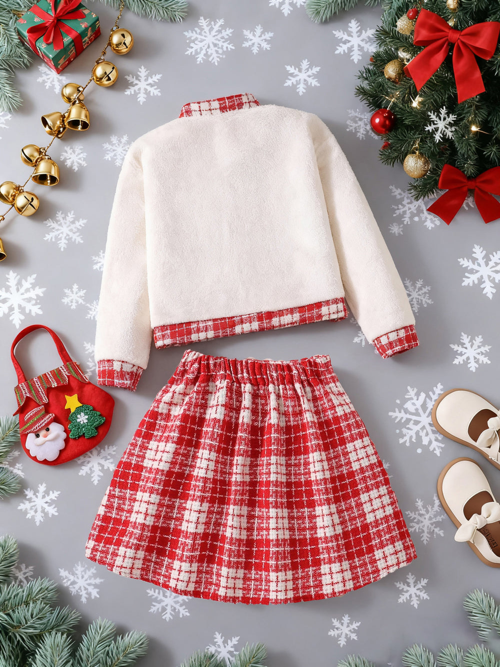 girls' christmas style outfit: red plaid skirt & elegant long-sleeve jacket two-piece set