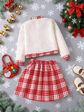 girls' christmas style outfit: red plaid skirt & elegant long-sleeve jacket two-piece set