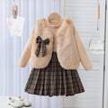 new summer cross-border fashion girls' fuzzy vest + knitted top + plaid skirt three-piece set