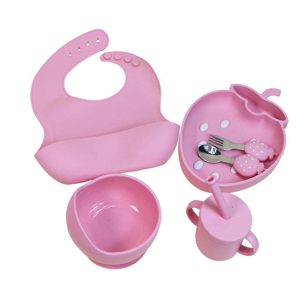 strawberry kids silicone plate and bowl set with suction cup - all-in-one design, baby silicone tableware, cartoon divided plate