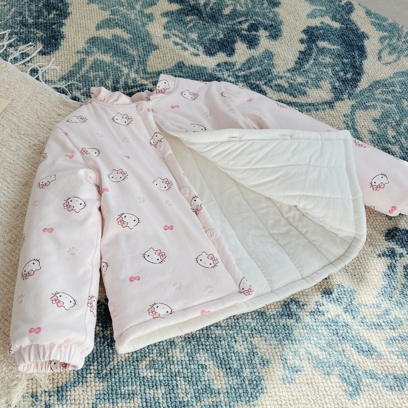 Fall and wintergirlstrendy three-layer quilted thickenedcardigan cotton coat baby girlheattechtopskids clothes children's clothing