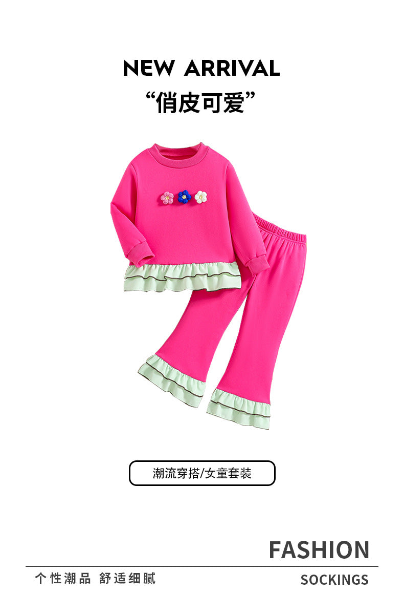 Girls' fall floral outfit: pink ruffle-trimmed pullover sweatshirt and 3d embroidered pants set