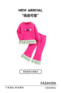 Girls' fall floral outfit: pink ruffle-trimmed pullover sweatshirt and 3d embroidered pants set