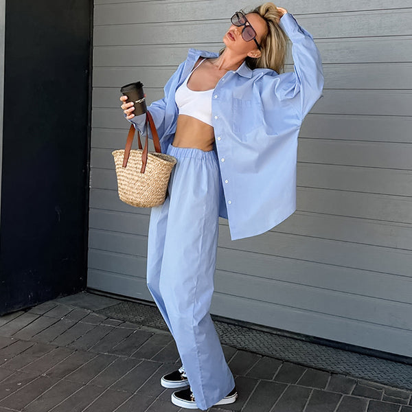 Blue loose long-sleeved casual shirt wide-legged pants fashion suit 2025 European and American new spring fashion  women