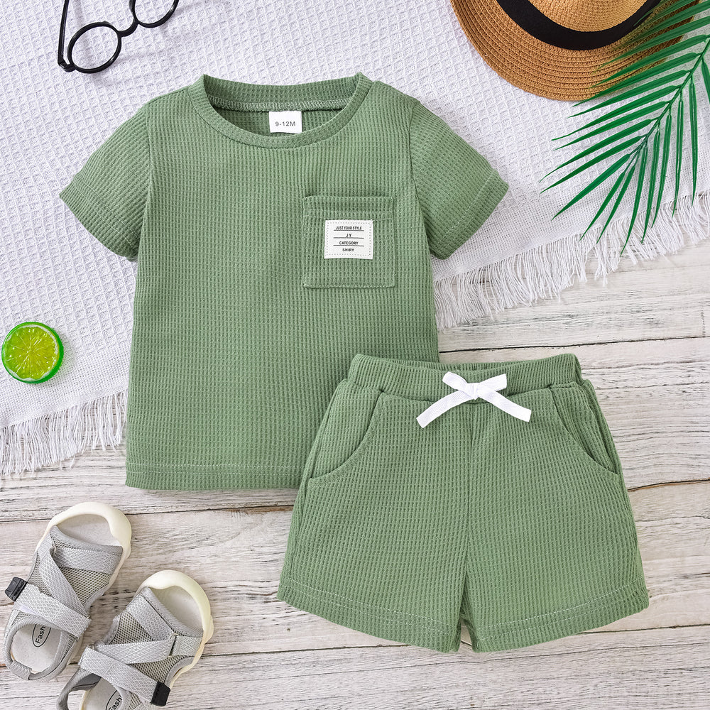 Baby boy & girl casual waffle knit pocket short sleeve top & shorts set