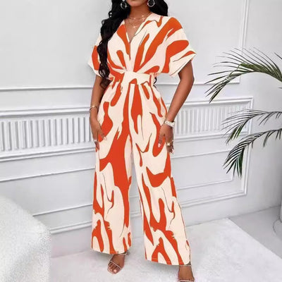 european and american cross-border women's fashion: elegant short-sleeve v-neck printed wide-leg jumpsuit