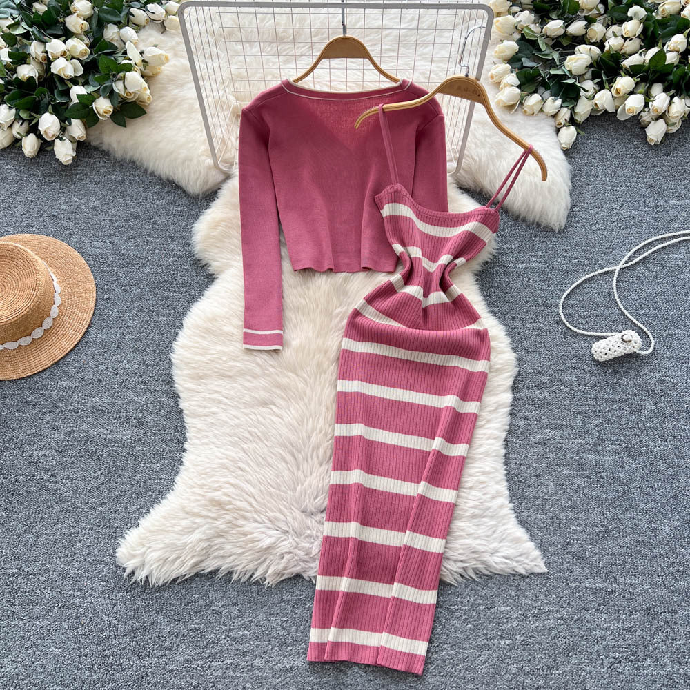 Feminine style outfit: 2025 new arrival - slim-fit striped knit camisole dress with long-sleeved cardigan jacket