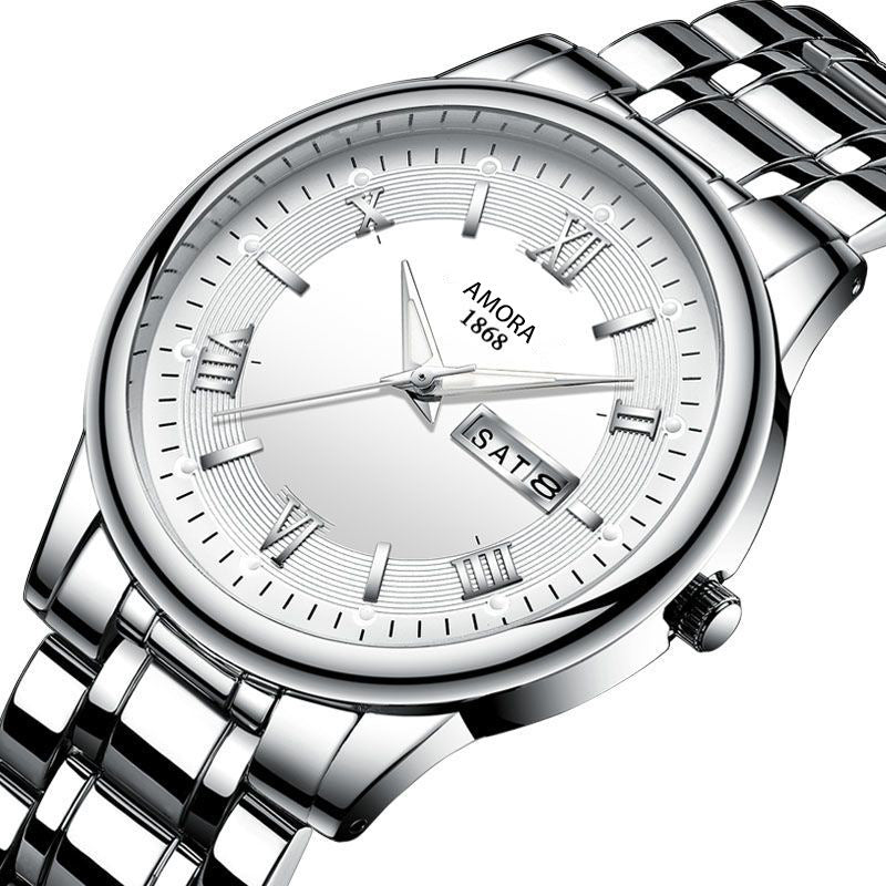Business gold classic roman style watch stainless steel dual calendar non-mechanical waterproof quartz men's wristwatch - custom logo available