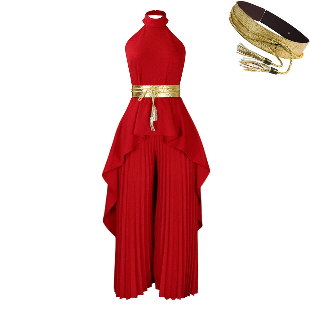 C8534p with belt cross-border summer fashion two-piece sleeveless backless asymmetrical long skirt wide-leg pants european and american suit