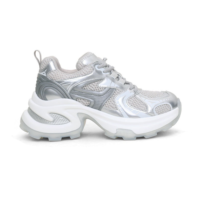 2026 spring/autumn new collection: chunky platform breathable mesh height-increasing dad shoes - space silver thick sole casual sneakers for women