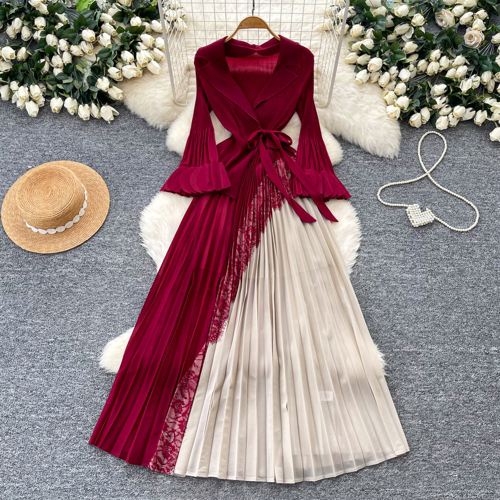 Elegant and chic commuter style tie-waist v-neck pleated midi dress - korean style long sleeve slim fit designer maxi dress